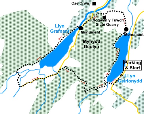 LLyn Crainant and Llyn Geirionydd walk sketch map.