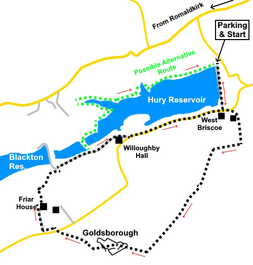 Sketch map for the walk from Hury Reservoir to Goldsborough