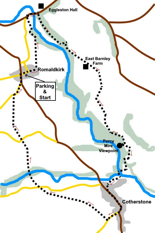 Sketch map for Romaldkirk to Cotherstone walk.
