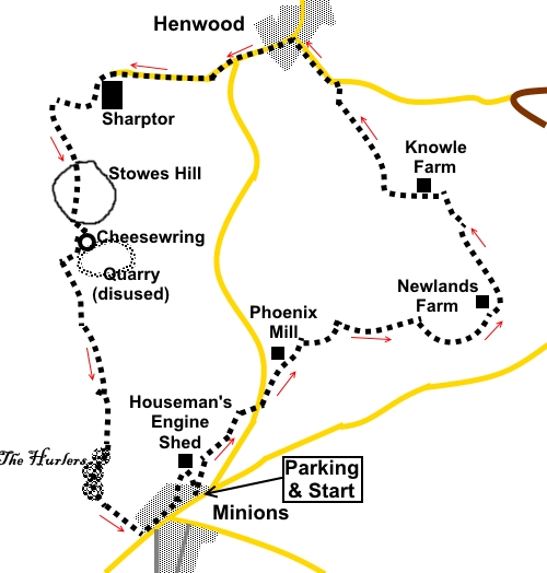 Minions to The Cheesewring and The Hurlers sketch map