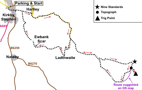 Walk from Kirkby Stephen to Nine Standards Rigg sketch map