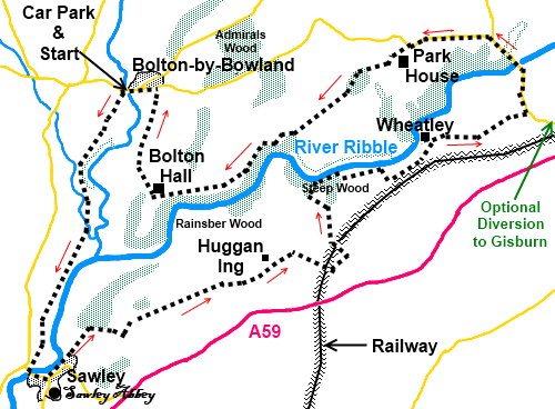 Lancashire walk Bolton-by-Bowland Circular - sketch map