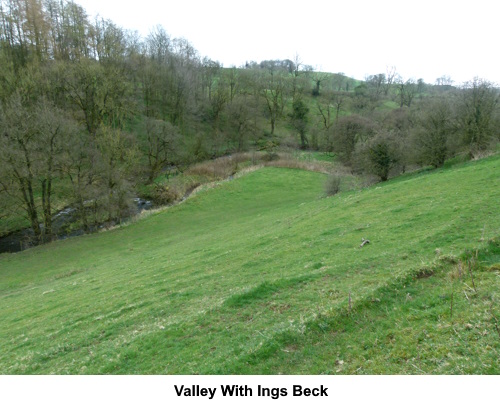 Looking down into a valley with Ings Beck flowing along the bottom.