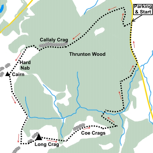 Thrunton Wood and Long Crag walk sketch map