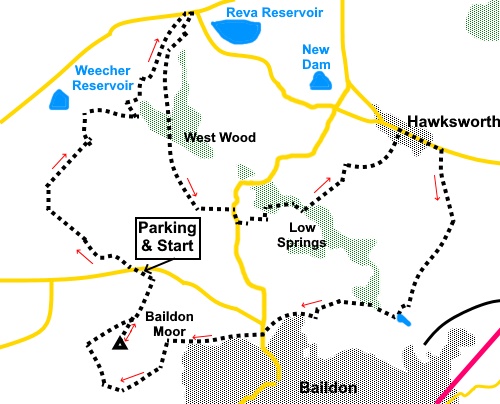 Baildon Moor to Hawksworth sketch map