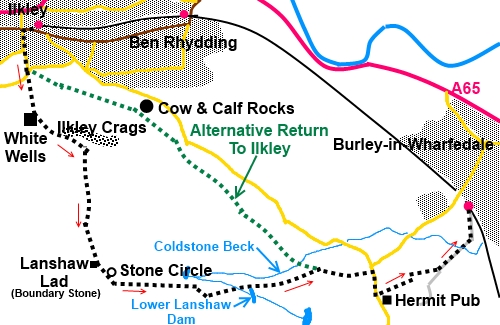 Walk from Ilkley to Burley sketch map