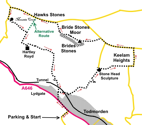 Walk from Todmorden to Bride Stones sketch map