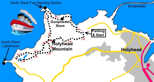 Sketch map for the walk from Holyhead to Holyhead Mountain via South Stack