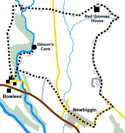 Walk from Bowlees to Gibson's Cave and Newbiggin sketch map.