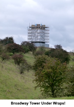 Broadway Tower clad in scaffolding and sheeting.