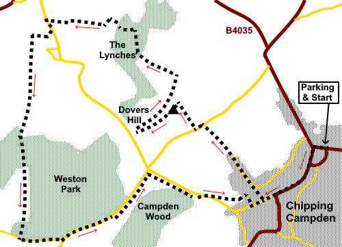 Chipping Campden to Dovers Hill walk sketch map.