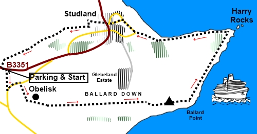 Sketch map for walk over Ballard Down to Old harry Rocks