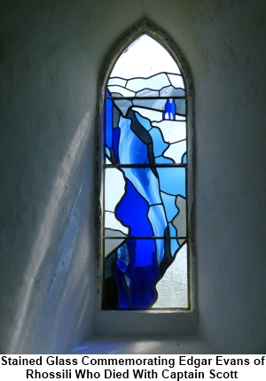 Stained-glass window, which commemorates Rhossili born Edgar Evans who died in 1912 with Captain Scott on the ill fated South Pole expedition.  