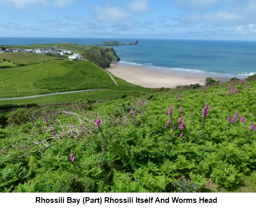 Part of Rhossili Bay, the village of Rhossili and Worms Head.