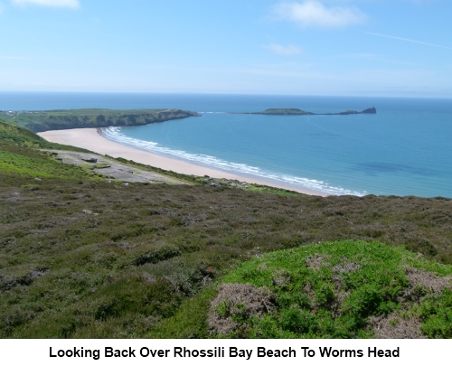 Looking back over Rhossili Bay beach to Worms Head.