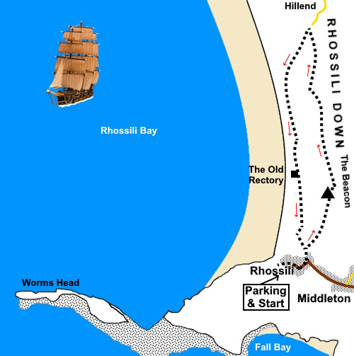 Sketch map for Rhossili Bay and Rhossili Down walk.