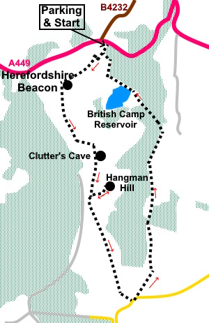 A sletch map for the walk to Herefordshire Beacon and Clutter's Cave.