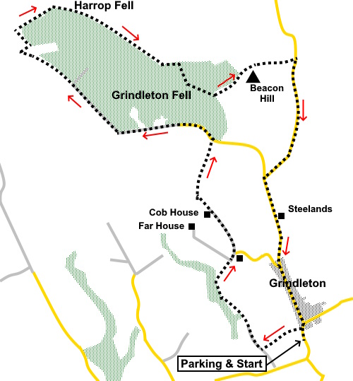 Sketch map for a walk from Grindleton to Grindleton Fell and Beacon Hill.