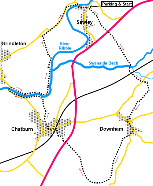 Sketch map for a circular walk from Sawley in Lancashire.