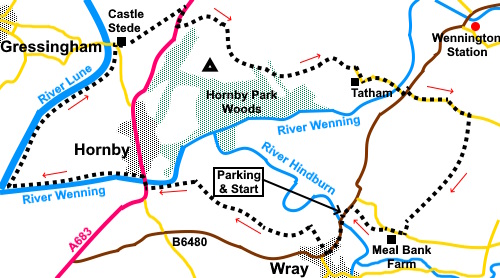 Sketch map for the Wray to Hornby circular walk.