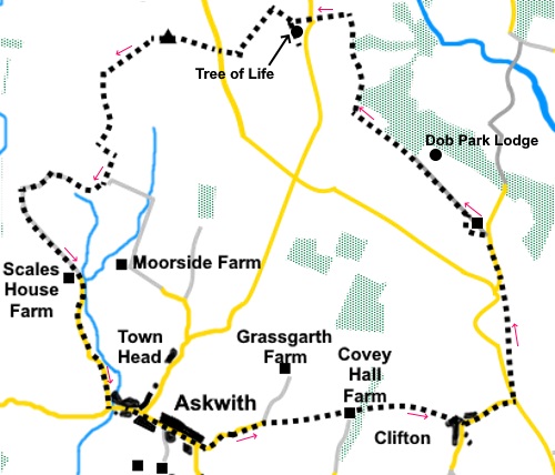 Sketch map foer the walk from Askwith to the Tree of Life and Askwith Moor.