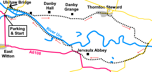 Cover Bridge to Thornton Steward and Jervaulx Abbey walk sketch map.