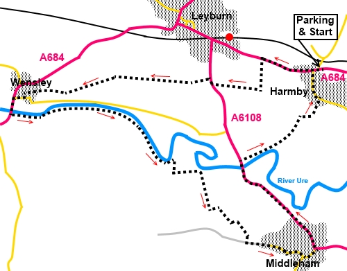 Sketch map for Harmby to Middleham walk