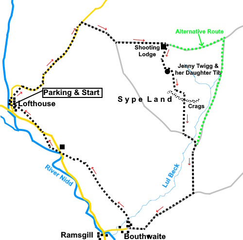 Sketch map for the walk from Lofthouse to Sype Land and Jenny Twigg and her daughter Tib.