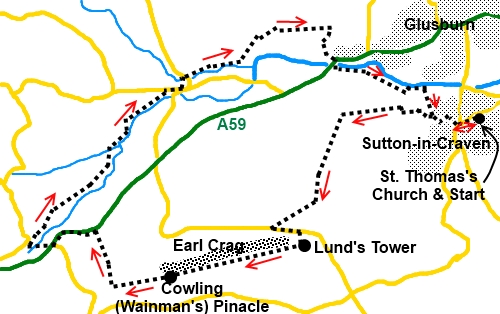 North Yorkshire walk Lund's Tower and Cowling Pinacle - sketch map