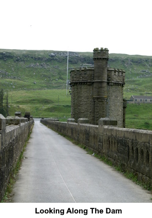 Looking along the dam with the crenellated tower.