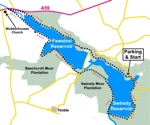Sketch map for the Swinsty and Fewston reservoirs walk.