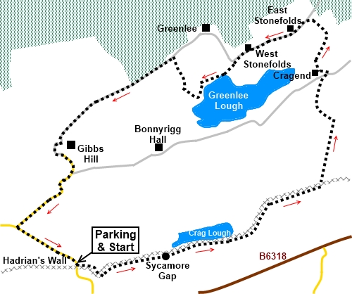 sketch map for Hadrian's Wall, Sycamore Gap and Greenlee Lough walk