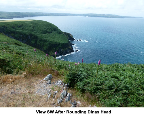 View south-west after rounding Dinas Head.