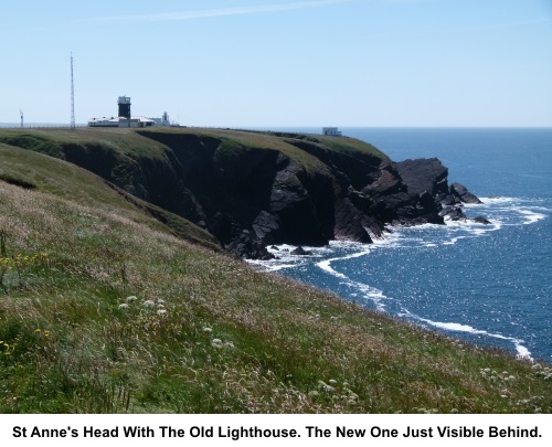 St Anne's Head with the old lighthouse in the foreground and new lighthouse behind.