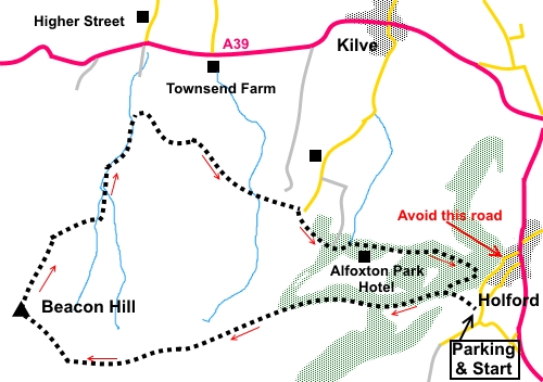 Quantock Hills walk from Holford to Beacon Hill sketch map