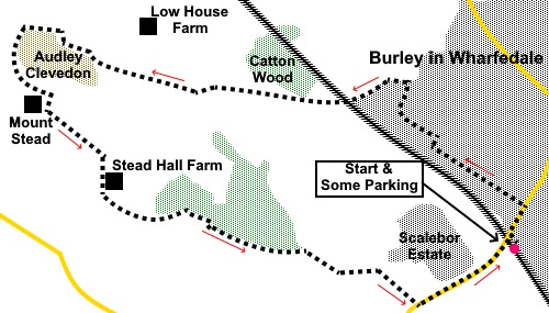 Sketch map for walk from Burley in Wharfedale to Audley Clevedon