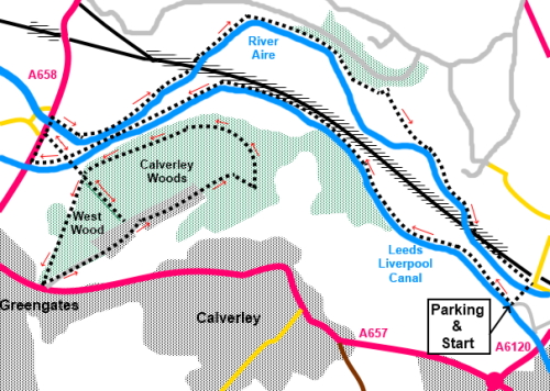 Sketch map for a walk from Calverley to Calverley Woods.