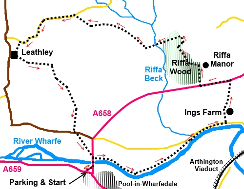 Wharfedale walk from Pool-in-Wharfedale to Leathley sketch map