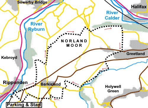 Sketch map for walking route dfrom Ripponden over Norland Moor