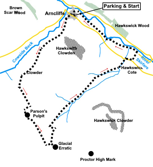 Sketckh map for the Arncliffe to Parson's Pulpit walk.