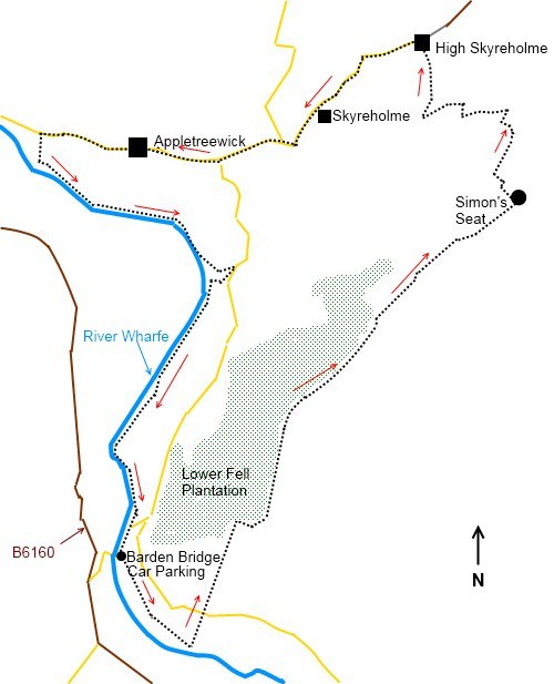 Yorkshire Dales walk Barden Bridge to Simons Seat - sketch map