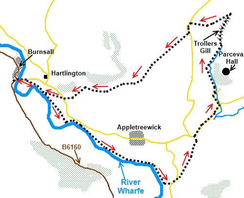 Yorkshire Dales walk Burnsall to Trollers Gill - sketch map