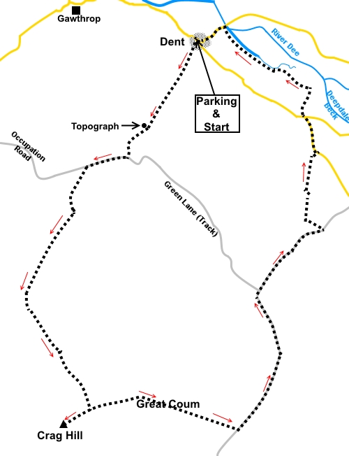 Walk from Dent to Crag Hill and Great Coum sketch map