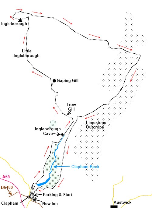 Yorkshire Dales walk Ingleborough from Clapham - sketch map