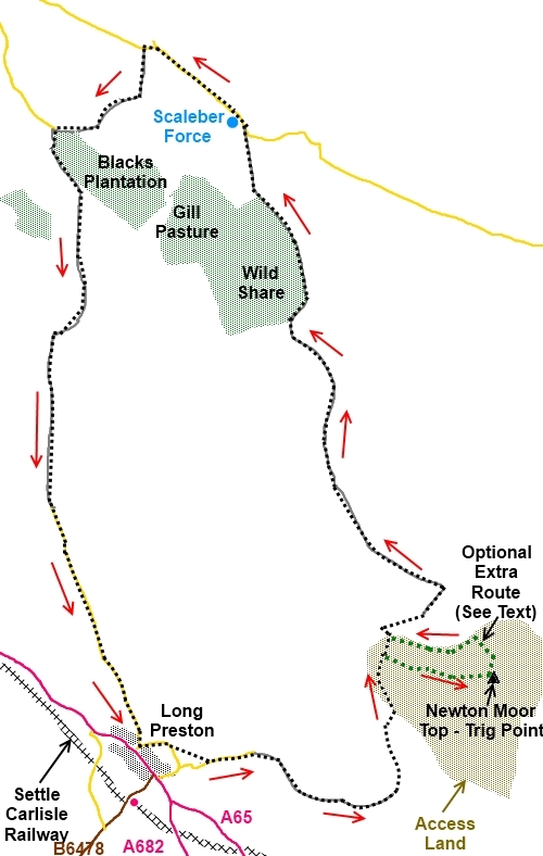 Yorkshire Dales walk Long Preston Newton Moor Top and Scaleber Force - sketch map