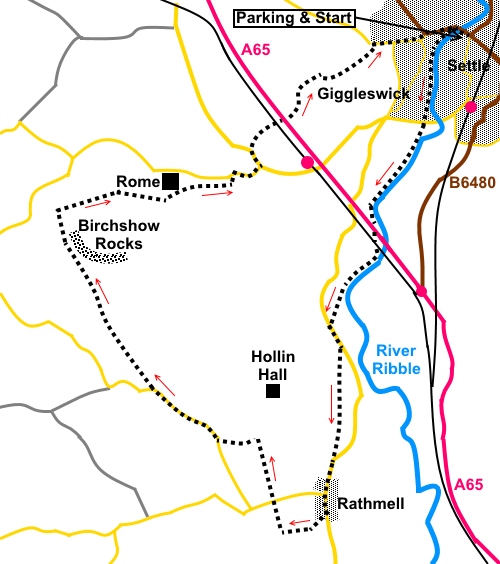 Walk from Settle to Birchshow Rocks sketch map